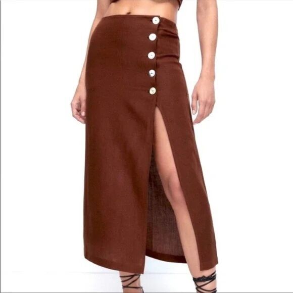 Zara Dresses & Skirts - Zara Linen Blend Maxi Skirt with Slit + Buttons | Brown size L
